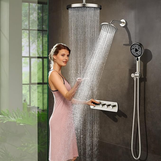 Shower System Brass Thermostatic Shower Faucet Set With Valve and Diverter Shower Mixer with 2 Rain Shower Head and Multi-function Handheld Head（Brushed Nickel）