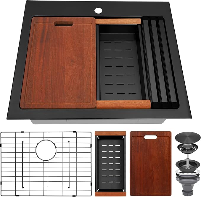 Drop In Black Kitchen Sink,Stainless Steel Sink 16 Gauge,Single Bowl Workstation Sinks (Black, 26" X 22")