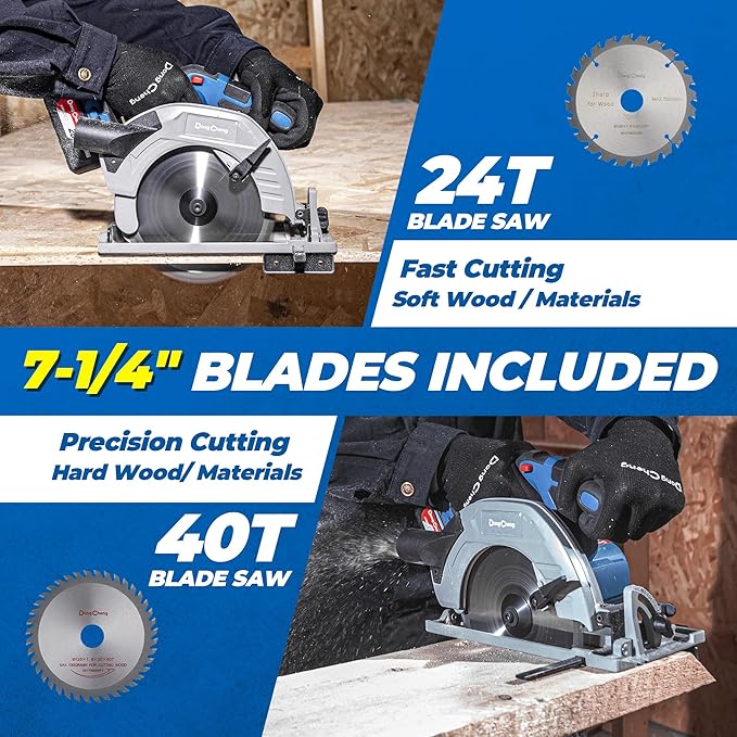 Dong Cheng Cordless Circular Saw 7-1/4-Inch 5,000 Rpm, Cutting Depth 65mm, 0-45° Adjustable, with Dust Collection Adaptor, 24T & 40T TCT Blade Included, Battery and Charger Kit (4.0Ah)