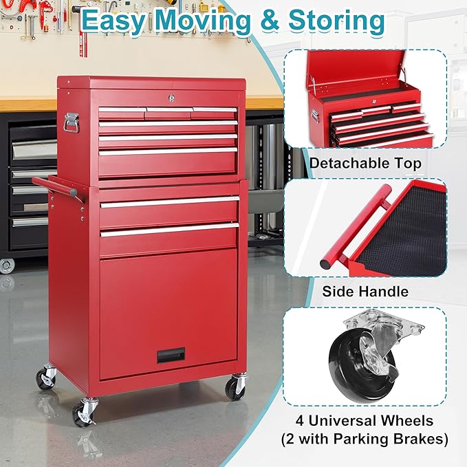 Tool Chest 8 Drawers Garage Storage Cabinet 2 in 1 Steel Frame Tool Chest with Wheels, Liner, Detachable Top, Lockable Wheels and Side Hooks for Garage, Red