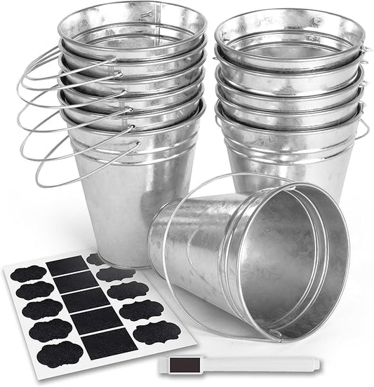 Galvanized Metal Bucket with Handle 12 Pcs- Metal Buckets for Party, Tin Buckets with erasable Stickers and Chalk Marker Silver Bucket 4.7" W x 5" H x 2.7" L
