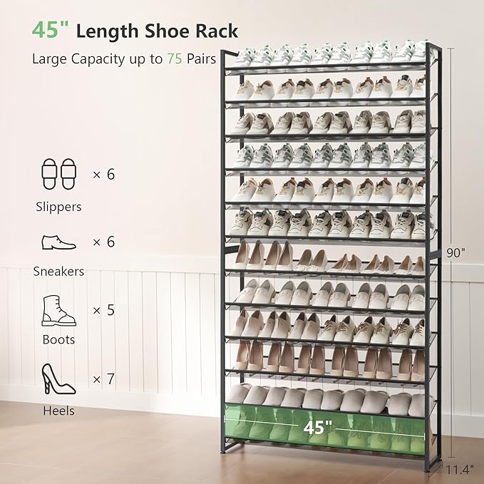 Shoe Rack, Long Shoe Organizer,Max Holds 75 Pairs,12 Tier Metal Shoe Storage Shelf,6-Tier Stackable Shoes Organizer for Garage, Entryway,Black