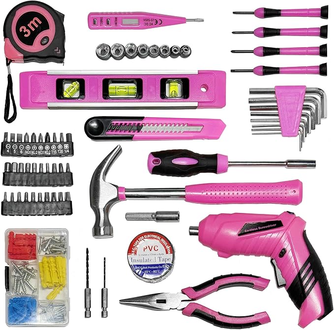 Pink Toolbox Essentials for Women Girls Starter DIY Drilling Kit with Cordless Power Tools, Electric Drill, Hammer, Screwdriver Sets, Mini Hand Tools, and Combo Bits for Home Repair Household Gift
