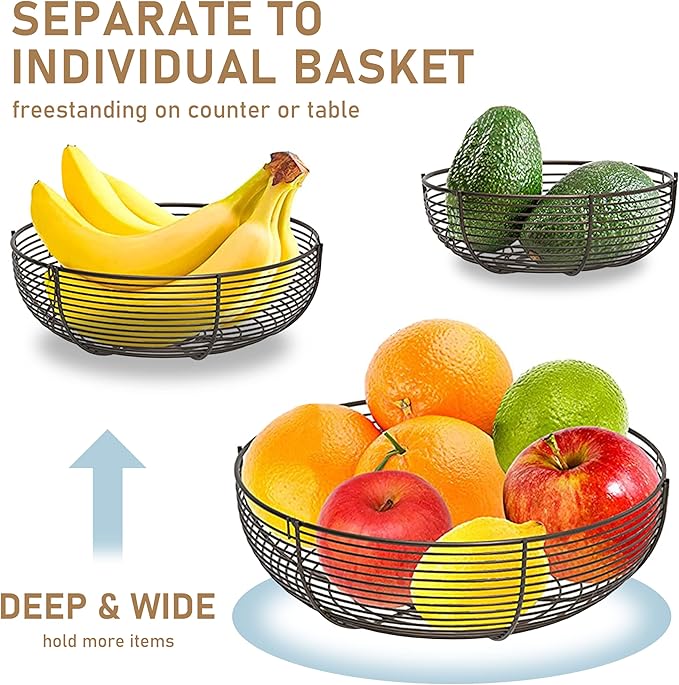 CAXXA 3-Tier Hanging Basket Fruit Organizer Kitchen Heavy Duty Wire Organizer with 2 Free Bonus Metal Ceiling Hooks(Bronze)