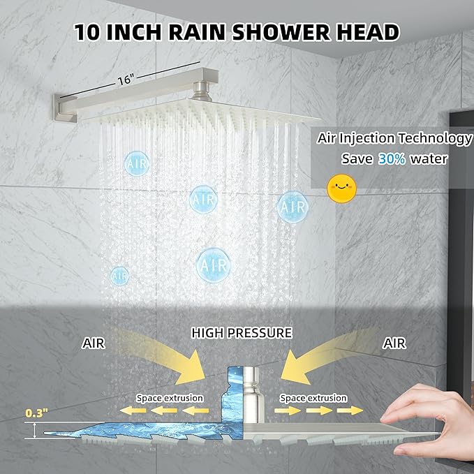 10 Inch Shower Faucet Set, Rainfall Shower System with Square Fixed Shower Head and High Pressure Handheld Shower Head, Spray Wall Mounted Rainfall Shower Fixtures, Brushed Nickel