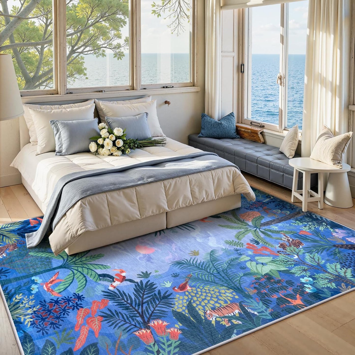 LIVEBOX Washable Jungle Animal Print Rugs 9x12 Blue Rugs for Living Room, Stain Resistant Soft Kids Area Rugs for Bedroom, Non-Skid Modern Dining Room Rug Floor Carpet for Playroom Kids Nursery