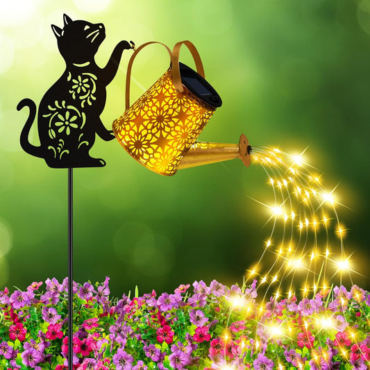 Solar Lights Outdoor Decorative, Watering Can with Cascading Lights, with Cat Silhouette Garden Stakes, Waterproof Metal Garden Decor for Yard Art, Outside, Patio, Lawn Ornaments