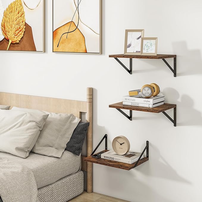 Heimlove Deep Floating Shelves for Wall, 12 Inch Deep Floating Shelves Set of 3, 16W x 12D Wood Wall Shelves, Wide Shelves with Metal Bracket for Living Room, Kitchen, Office, Bedroom - Rustic Brown