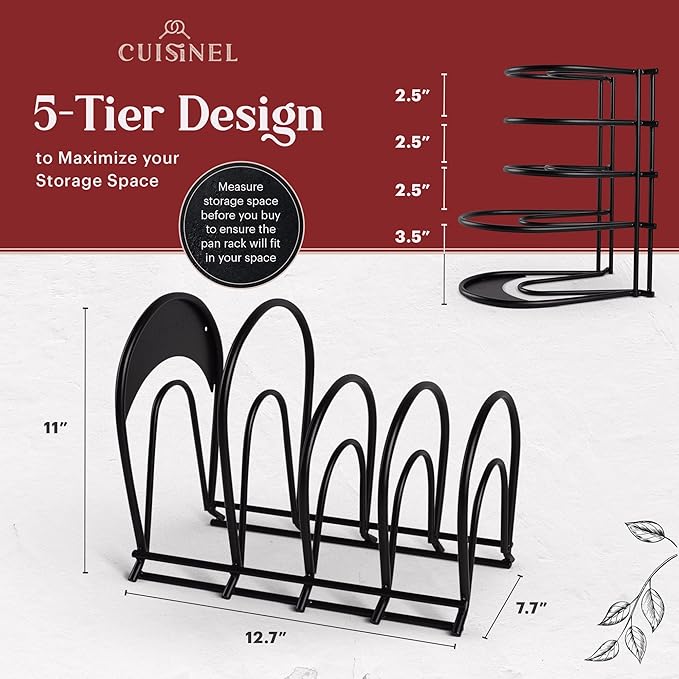 Cuisinel Pan Organizer Rack - 60 to 100-LBS Capacity Extremely Heavy Duty - 8mm Thick Made in India - Matte-Black 12.7"-Tall 5-Tier Space-Saving Kitchen Counter/Cabinet Storage for Cast Iron Cookware,