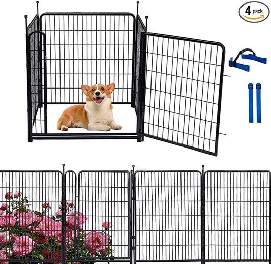Tall Garden Fences and Borders, 54 in(H) Dog Fences for The Yard, 4 Panels Total 8.9 Ft Long, Gate 21 Inches Wide with Low Sills. Dog Fence Outdoor or Indoor. Fencing for Garden Beds