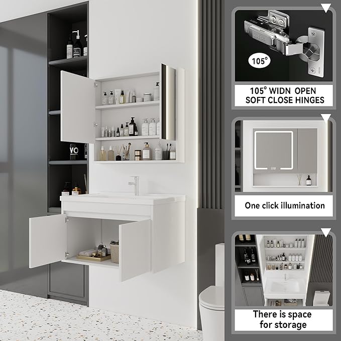 32'' Bathroom Vanity with Ceramic Sink Combo and Medicine Cabinet Mirror with Led Light/Defog, Wall Mounted Small Bathroom Vanity with Soft-Close Door Modern Floating Cabinet, White(No Faucet)