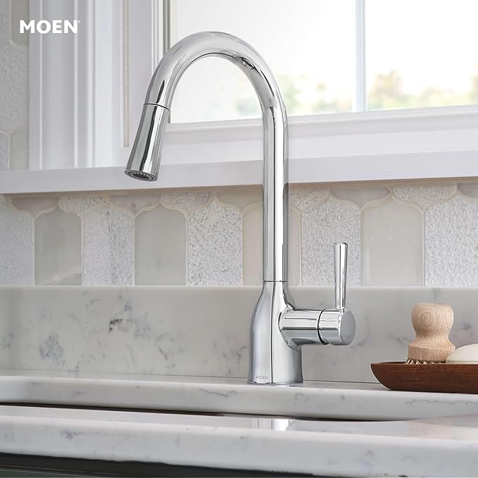 Moen Adler Chrome One-Handle High Arc Kitchen Sink Faucet with Power Clean, Modern Kitchen Faucet with Pull Down Sprayer, 87233
