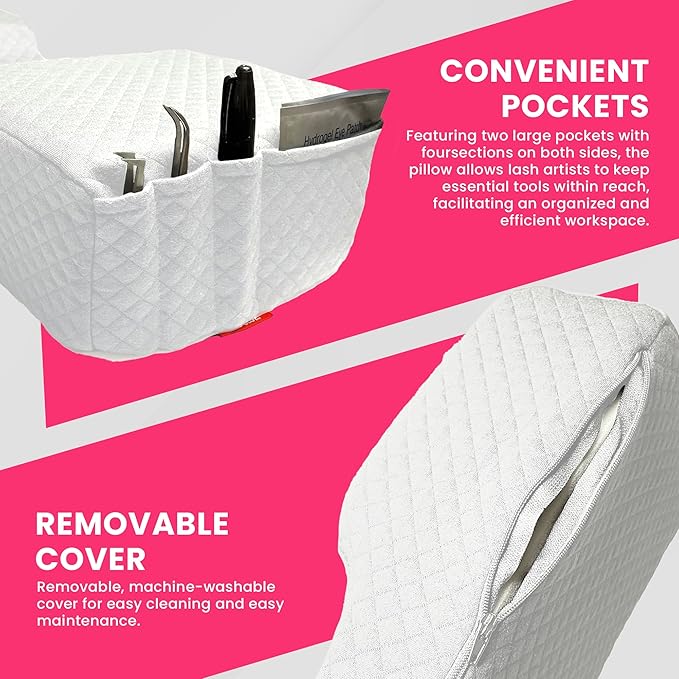 Pillow for Eyelash Extensions - Curved Memory Foam Lash Bed Pillow with Neck and Back Support, Perfect Pillow for Eyelash Extensions, Two Pockets for Tools On The Sides of Pillow (White)