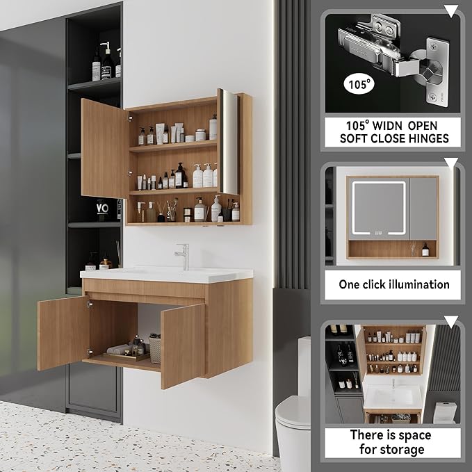 32'' Bathroom Vanity with Ceramic Sink Combo and Medicine Cabinet Mirror with Led Light/Defog, Wall Mounted Small Bathroom Vanity with Soft-Close Door Modern Floating Cabinet, Walnut(No Faucet)