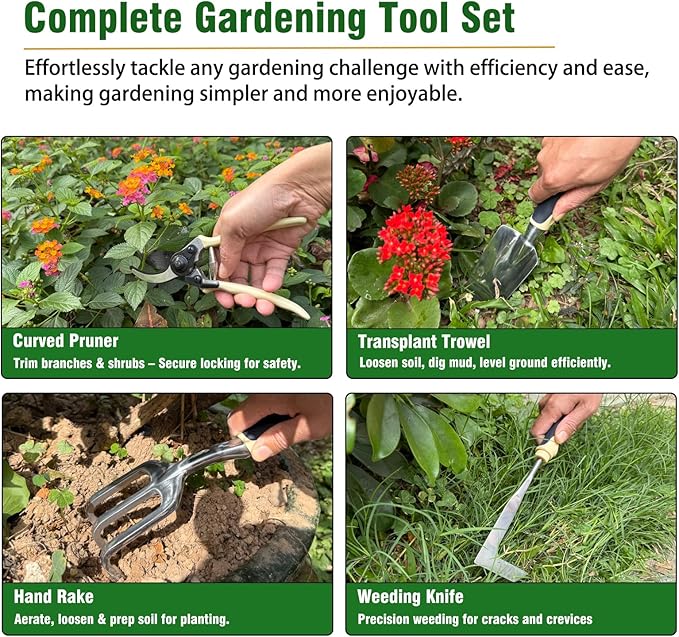 Garden Tool Set, 9-Piece Heavy-Duty Gardening Tool Set with Stylish Tool Bag, Multiple Storage Pockets, Durable Garden and Weeding Tools for Men and Women for Gardening Enthusiasts