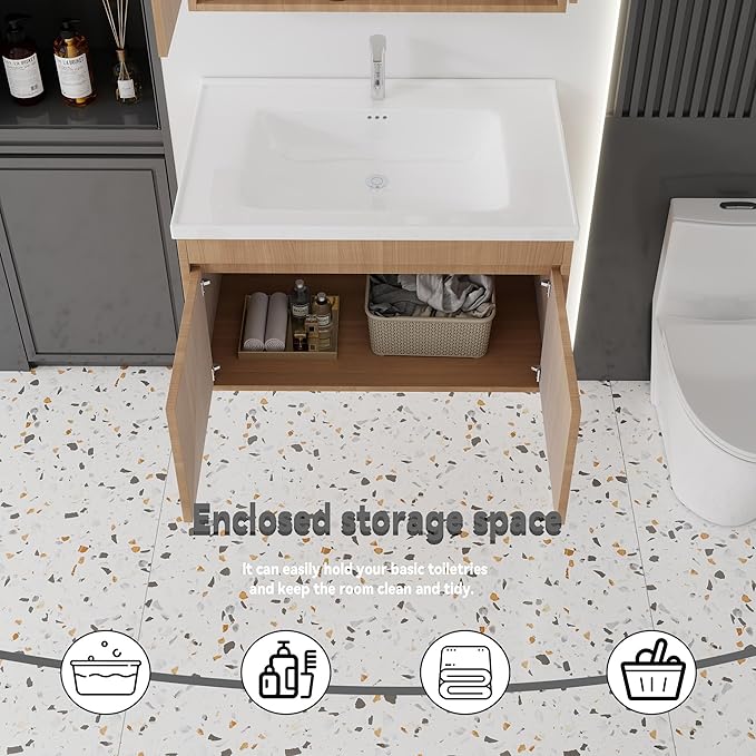 32'' Bathroom Vanity with Ceramic Sink Combo, Wall Mounted Small Bathroom Vanity with Soft-Close Door Modern Floating Cabinet, Pop-up Drain, P-Trap Included, Walnut(No Faucet)