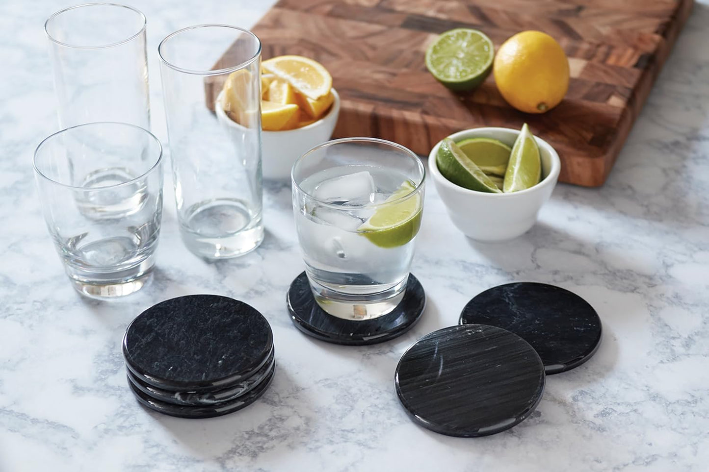 Fox Run Natural Polished Marble Coasters, Set of 6 Black Coasters