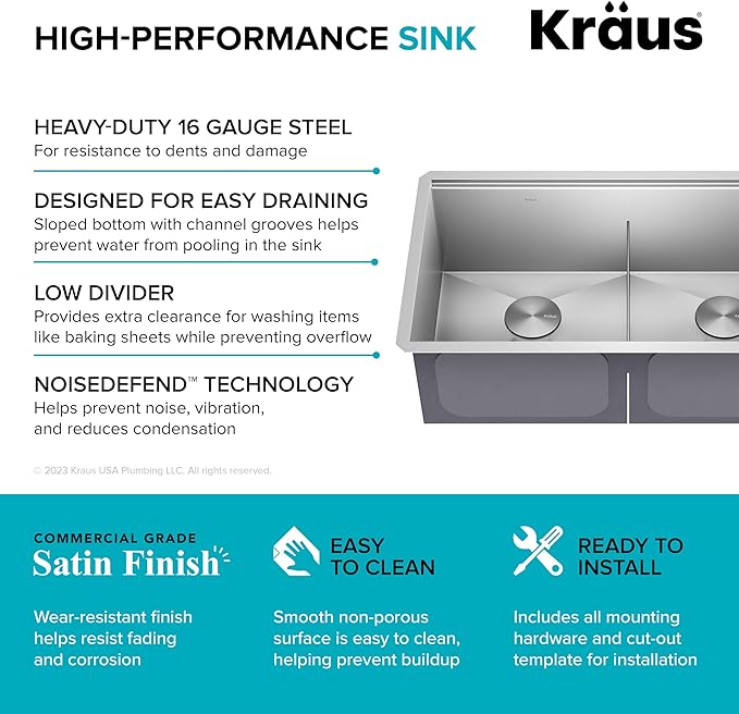 KRAUS Kore 33-Inch Undermount Workstation 16 Gauge Double Bowl Stainless Steel Kitchen Sink with Accessories, KWU112-33