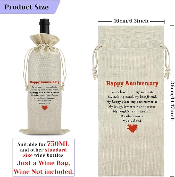 Happy Anniversary Wine Bags Friendship Anniversary for Couples Men Friends Drawstring Wine Wrapping Bag Anniversary Party Decorations Anniversary Marriage Gift for Husband Burlap Wine Gift Bag