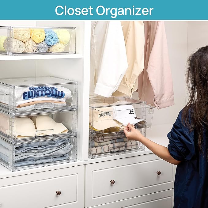 Vtopmart 4 Pack Large Stackable Storage Drawers,Easily Assemble Acrylic Bathroom Closet Undersink Organizers and Storage,Plastic Storage Bins for Kitchen Cabinets,Pantry,Makeup,Medicine Organization