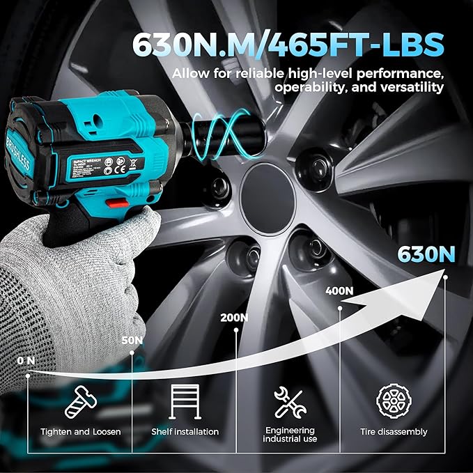 1/2" Cordless Impact Wrench with Brake, Brushless MAX 465Ft-lbs (630N.m) Impact Gun with 20V 4.0Ah Battery and Fast Charger, 2+1 Speed Mode, 2500RPM Power Electric Impact Wrench with LED Light for Car