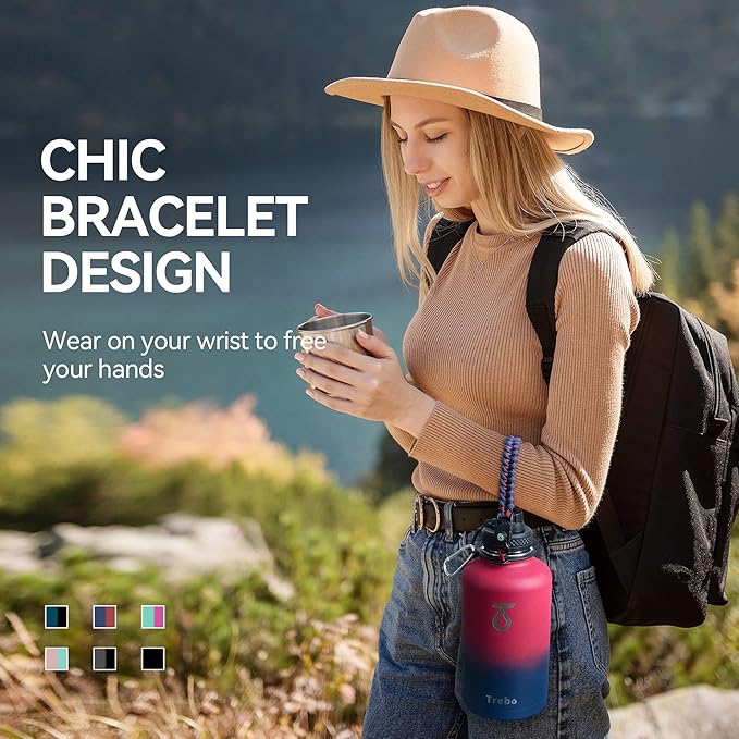 Trebo Half Gallon Water Bottle with Paracord Handle 64oz Wide Mouth Insulated Double Wall Stainless Steel Large Sports Flask Keep Hot 24 Hours & Cold 48 Hours Water Jug with 3 Lids Ombre: Ruby Red