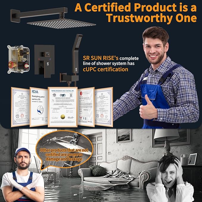 SR SUN RISE Oil Rubbed Bronze Shower System 12 Inches Brass Bathroom Luxury Rain Mixer Shower Combo Set Wall Mounted Rainfall Shower Head System Shower Faucet Rough-in Valve Body and Trim Included