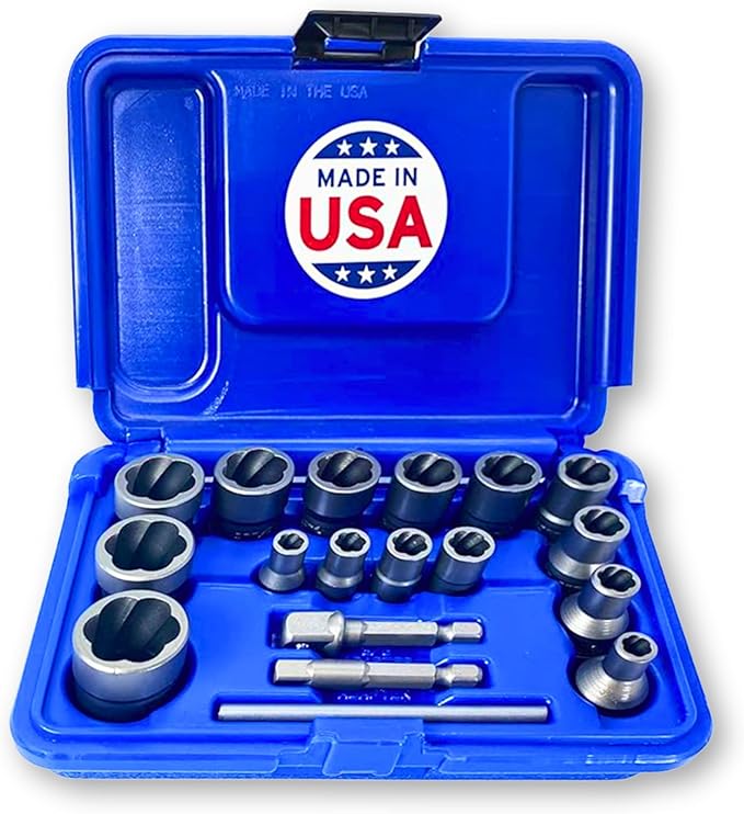 18-Piece Bolt Extractor Set | Made in USA Turbo Sockets for Stripped, Rounded, Rusted Bolts & Nuts | Impact Grade 1/4" & 3/8" Drive Lug Nut & Bolt Remover Kit | Nut Extractor Socket Set