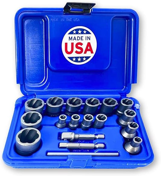 18-Piece Bolt Extractor Set | Made in USA Turbo Sockets for Stripped, Rounded, Rusted Bolts & Nuts | Impact Grade 1/4" & 3/8" Drive Lug Nut & Bolt Remover Kit | Nut Extractor Socket Set