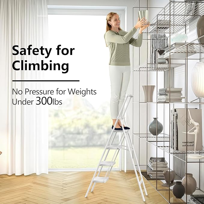 Step Ladder 4 Step Folding Stool with Anti-Slip Widened Sturdy Pedal and Handgrip, Portable and Multi-Use Iron Stepladder for Home, Kitchen, 300 lbs Capacity -White