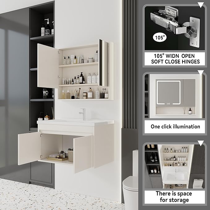 32'' Bathroom Vanity with Ceramic Sink Combo and Medicine Cabinet Mirror with Led Light/Defog, Wall Mounted Small Bathroom Vanity with Soft-Close Door Modern Floating Cabinet, Khaki(No Faucet)