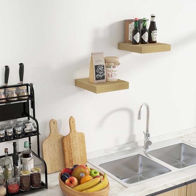 Fun Memories Floating Shelves for Wall - 10" x 10" Wood Shelf with Invisible Bracket - Deep Floating Shelves - 10 Inch Shelf Wall-Mounted for Living Room & Bathroom - Oak - Set of 2