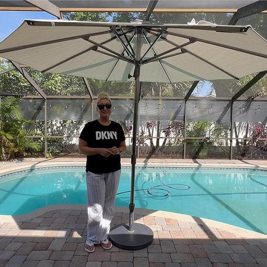 PURPLE LEAF 10 FT Semi-Auto Outdoor Patio Umbrella with Base Market Table Sun Umbrellas with 8 Aluminum Sturdy Ribs for Backyard Deck Garden Pool (Gray Pole Beige Canopy)