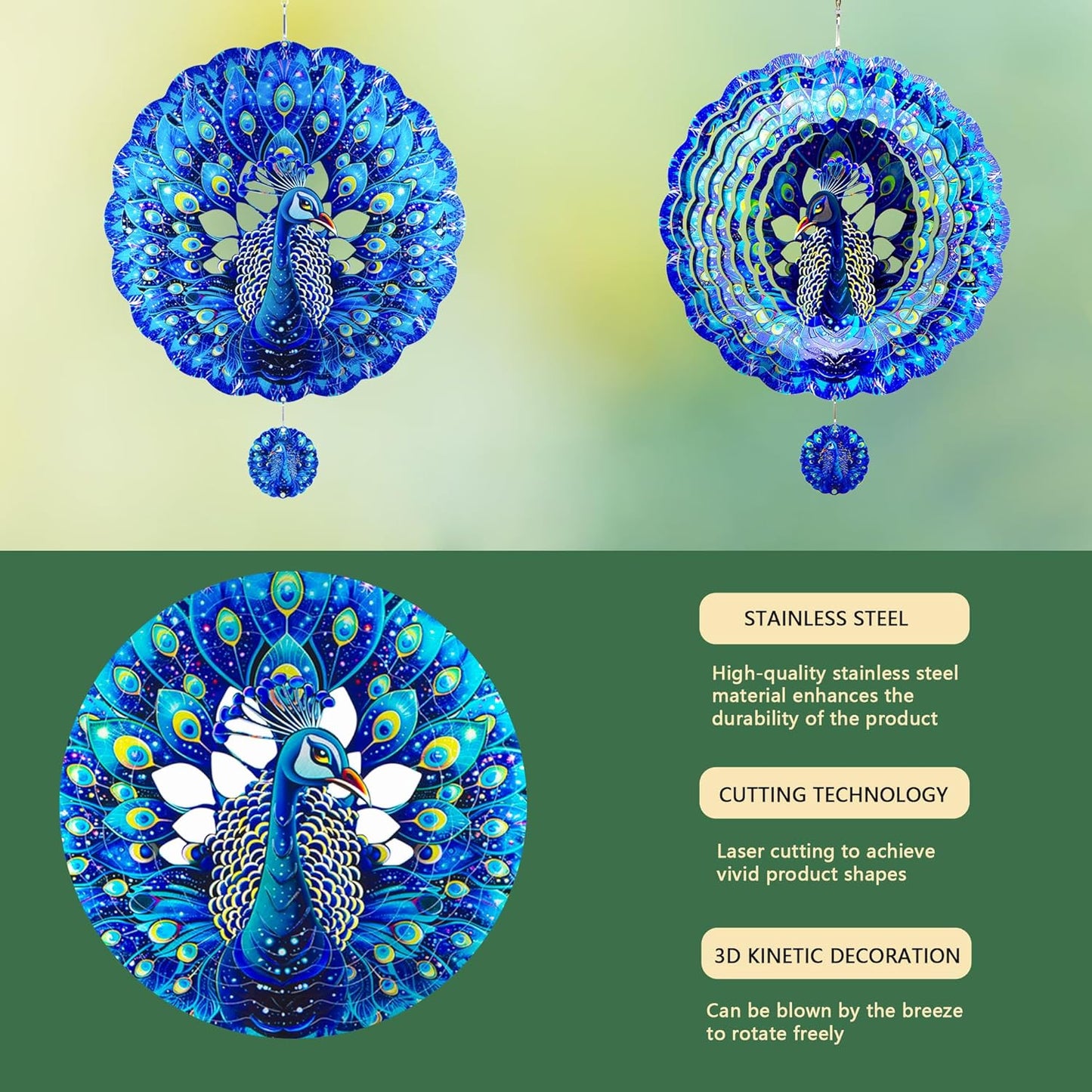 Peacock Gifts for Women, Peacock Wind Spinner Garden Decor, 12 inch 3D Hanging Wind Spinners Outdoor