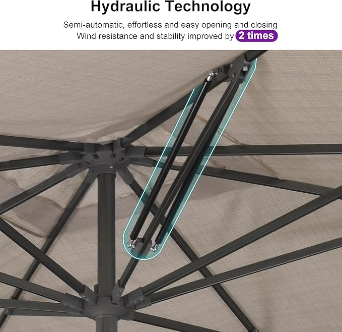 PURPLE LEAF 10 X 10 FT Semi-Auto Outdoor Patio Umbrella with Base Market Table Sun Umbrellas with 8 Aluminum Sturdy Ribs for Backyard Deck Garden Pool (Gray Pole Beige Canopy)