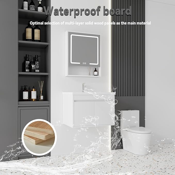 28'' Bathroom Vanity with Ceramic Sink Combo and Medicine Cabinet Mirror with Led Light/Defog, Wall Mounted Small Bathroom Vanity with Soft-Close Door Modern Floating Cabinet, White(No Faucet)