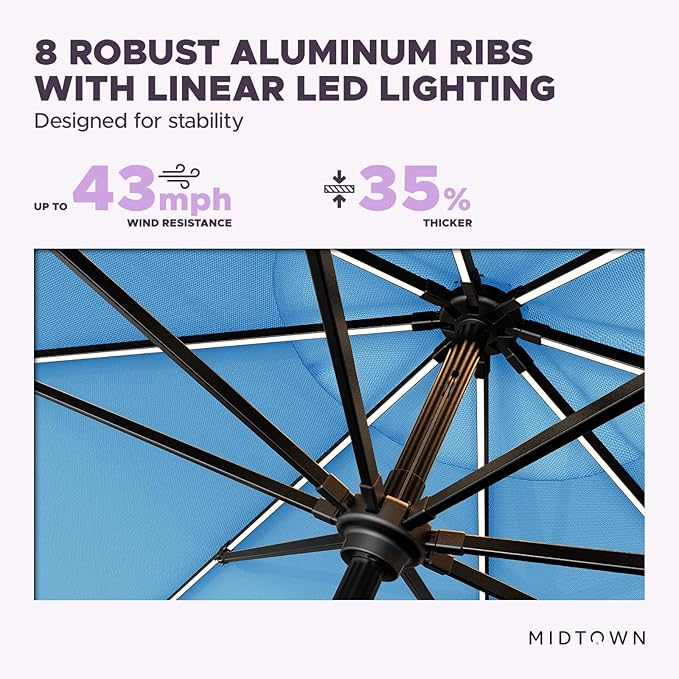Midtown Umbrellas The LED Swilt 10 Feet Patio Umbrella With Sunbrella Capri Acrylic Fabric - Auto-Tilt Aluminum Frame With LED Lights For Backyard, Deck, Garden, Pool - Black Pole