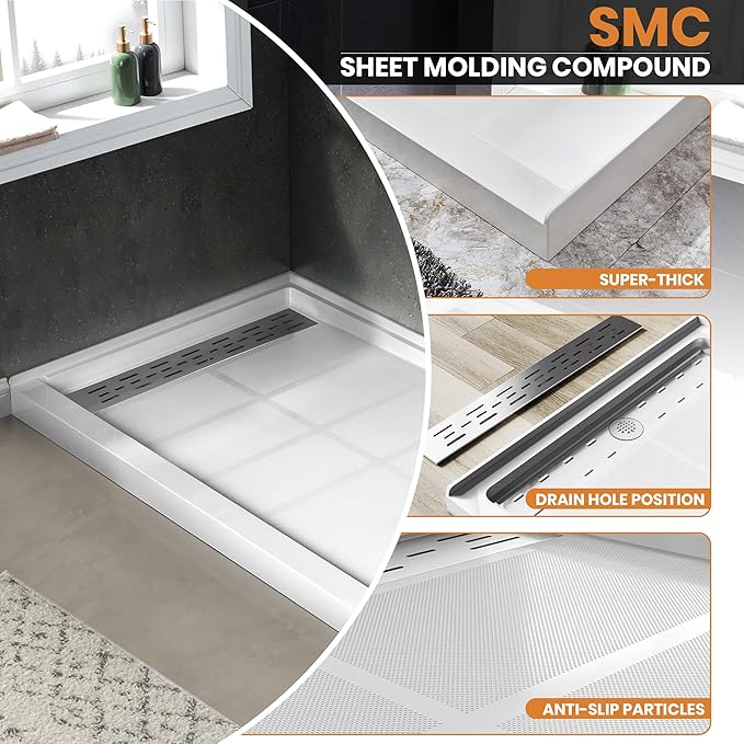 Shower Base Pan in White Left Linear Drainer, Rectangular Shower Base 60"×36"×4" with Non-Slip Floor Panel and Stainless Steel Shower Drain Cover