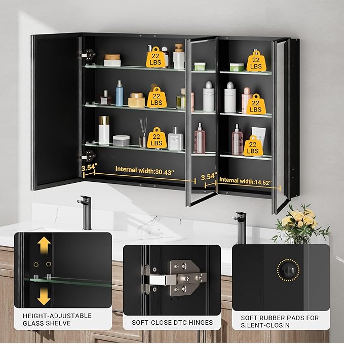 48x30 Inch Black Medicine Cabinet Mirror, Surface or Recessed Large Framed Medicine Cabinet with 3 Beveled Mirror Door & Adjustable Shelves,Shatterproof, Full-Assembled Storage Wall Cabinet