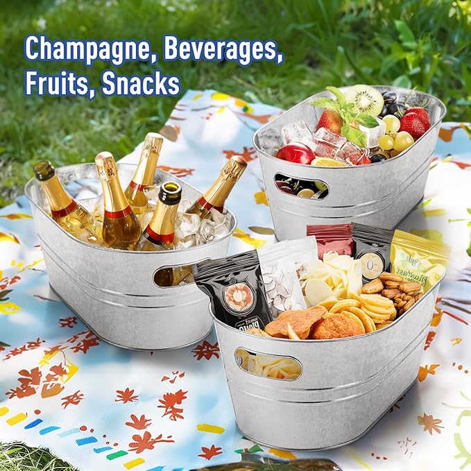 4PCS Galvanized Tub 4 Gallon with Carry Ice Bucket Large Metail Drink Buckets for Parties Beer Drink Storage Coller Ice Tub for Mimosa Bar Supplies