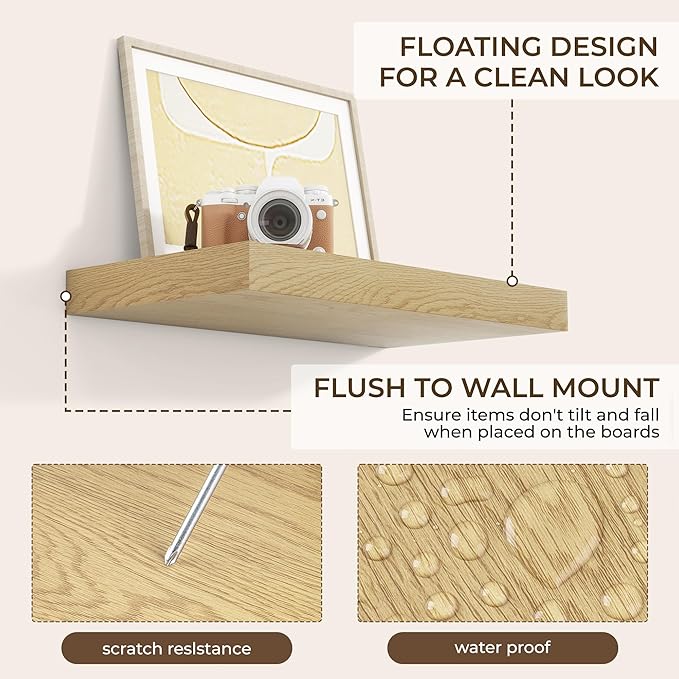 RICHFOCUS 16Inch Floating Shelves for Wall 2 Pack Shelves for Bedroom|Kitchen|Bathroom Wall Mounted Rustic Wood Floating Shelf with Invisible Brackets for Books|Storage|Decor, Oak