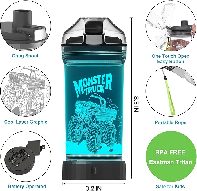 Kids Water Bottle with Monster Truck Design 3D Glowing LED Light-Tritan BPA Free,Perfect for Back-to-School Season, Girls, Boys, Kids, Holiday Camping, Picnic Gifts - 14 oz Travel Mug