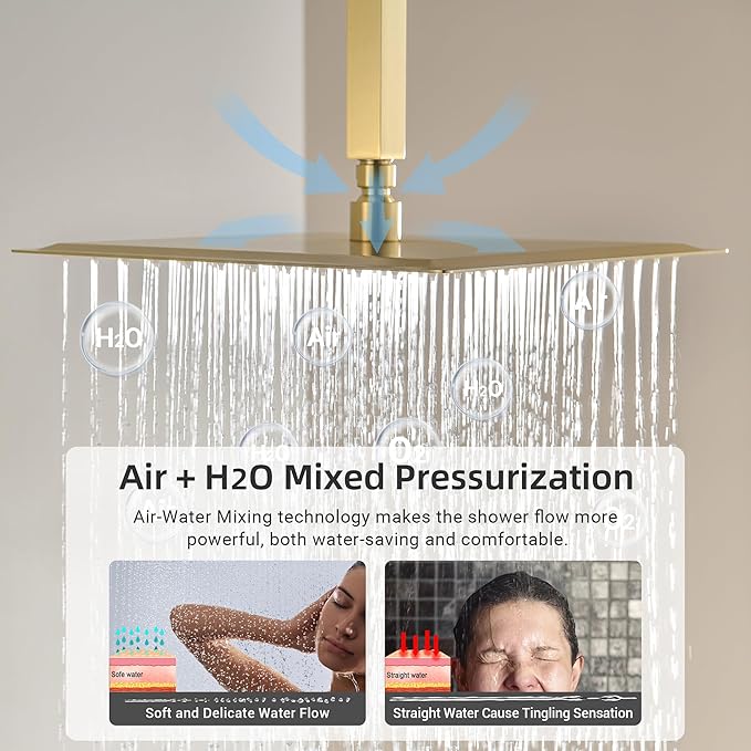 Dasan Brushed Gold Dual Shower Heads System with Ceiling 12-Inch Rainfall Shower & Wall Mount 6-Inch High Pressure Shower Head, Full Body Dual Shower Head Set