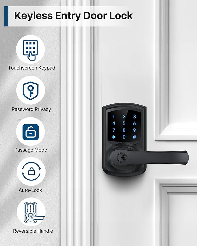 HIDALIFE Keyless Entry Door Lock, Keypad Door-Lock with Handle, Touchscreen, Auto-Locking, Anti-peep Password, Easy to Install for Front Door, Home, Office, Matte Black 2 Pack