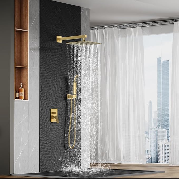 SR SUN RISE Shower Faucets Sets Complete Brushed Gold Square Rain Shower Head with Handheld Spray All Metal Shower Faucet Trim Repair Kits (Contain Shower Valve)
