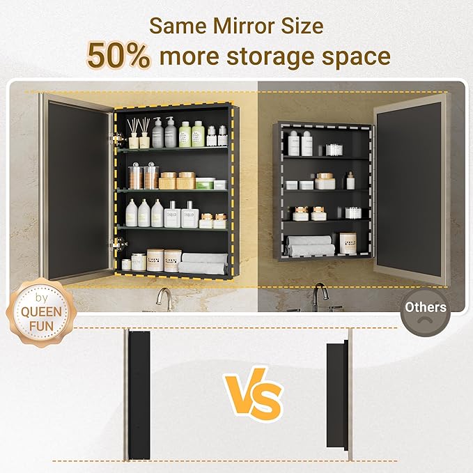 Brushed Nickel Medicine Cabinet, 16''x 24'' Recessed or Surface Framed Medicine Cabinet with Beveled Mirror Pre-Assembled, Reversible Bathroom Storage Vanity Cabinet with Adjustable Shelves