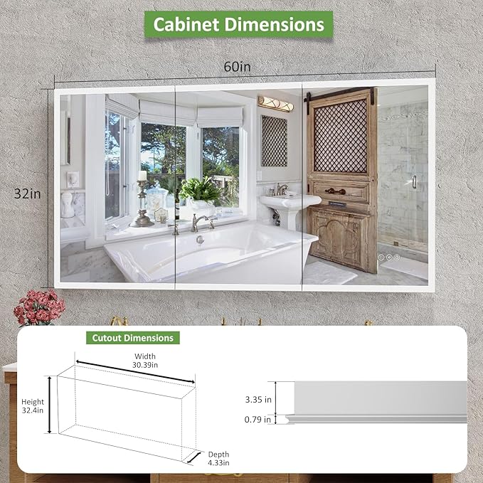 Medicine Cabinet with Lights, Bathroom LED Mirror Cabinet with Storage, Anti-Fog & 3 Color Lights, Recessed or Wall Mounted (60X32 in)