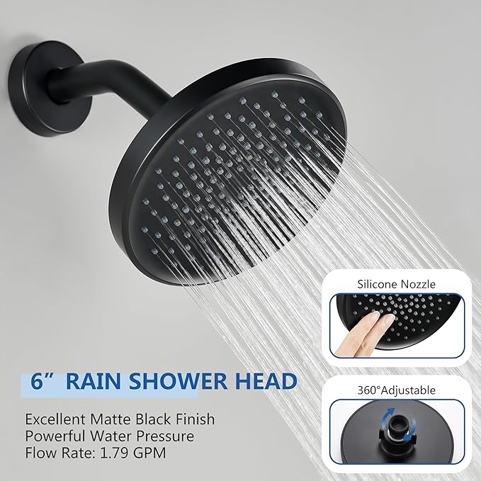 Tohlar Black Shower Faucet Set with Valve, 6-Inch Rain Shower Head and Faucet Combo, Single Handle Tub and Shower Trim Kit with Tub Spout, Matte Black