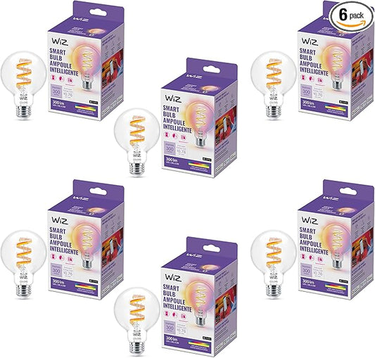 WiZ Color G25 Color Filament LED Smart Bulb - Pack of 6-300 Lumen - E26 Indoor - Connects to Your Existing Wi-Fi - Control with Voice or App + Activate with Motion - Matter Compatible.