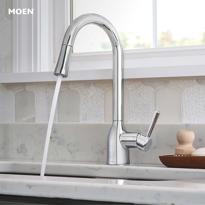 Moen Adler Chrome One-Handle High Arc Kitchen Sink Faucet with Power Clean, Modern Kitchen Faucet with Pull Down Sprayer, 87233